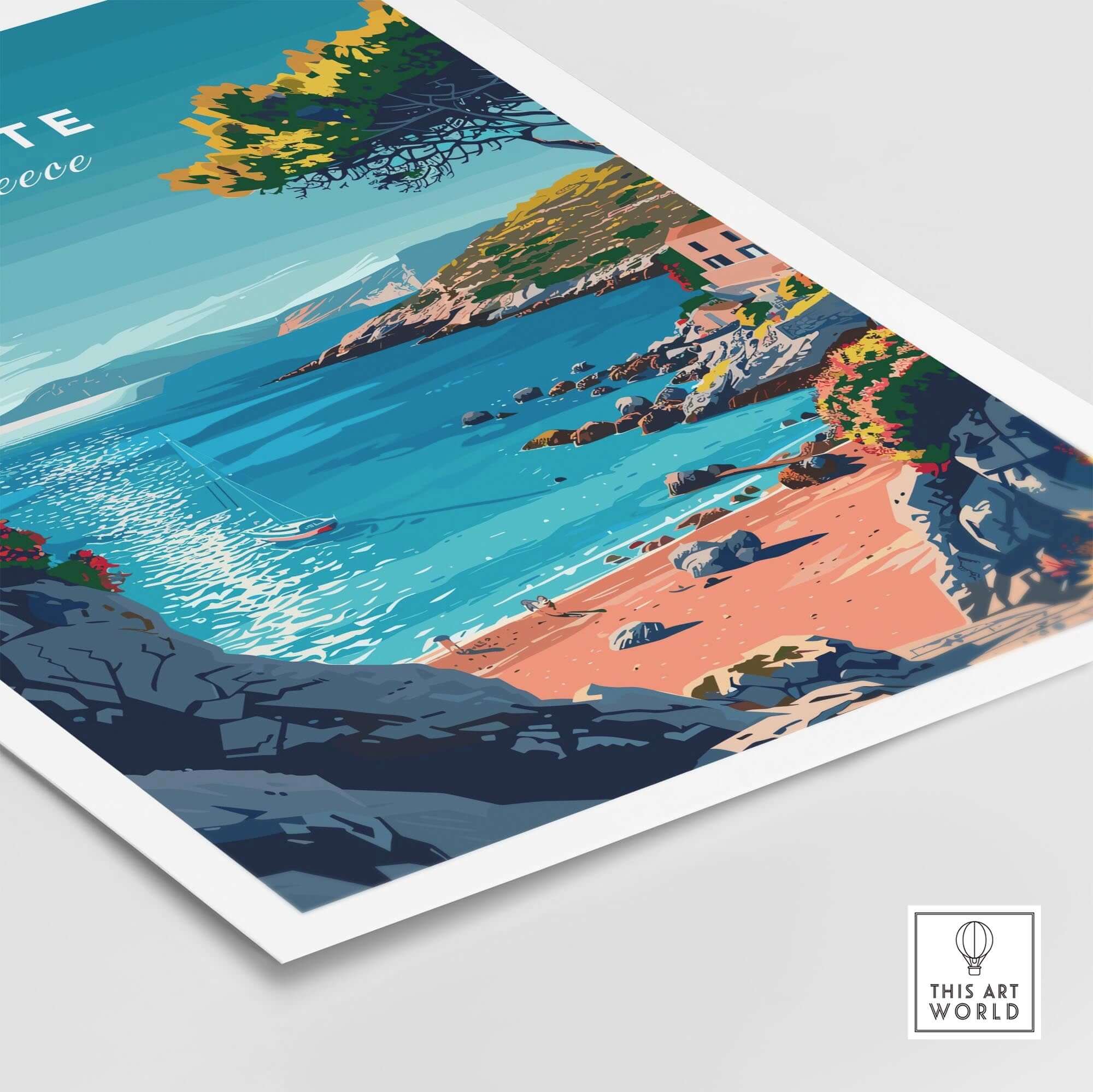 Crete Poster showcasing a vibrant beach scene in Greece with turquoise waters and rocky cliffs.
