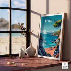 Crete Poster showcasing a picturesque view of Crete, Greece, framed by a stylish interior window.