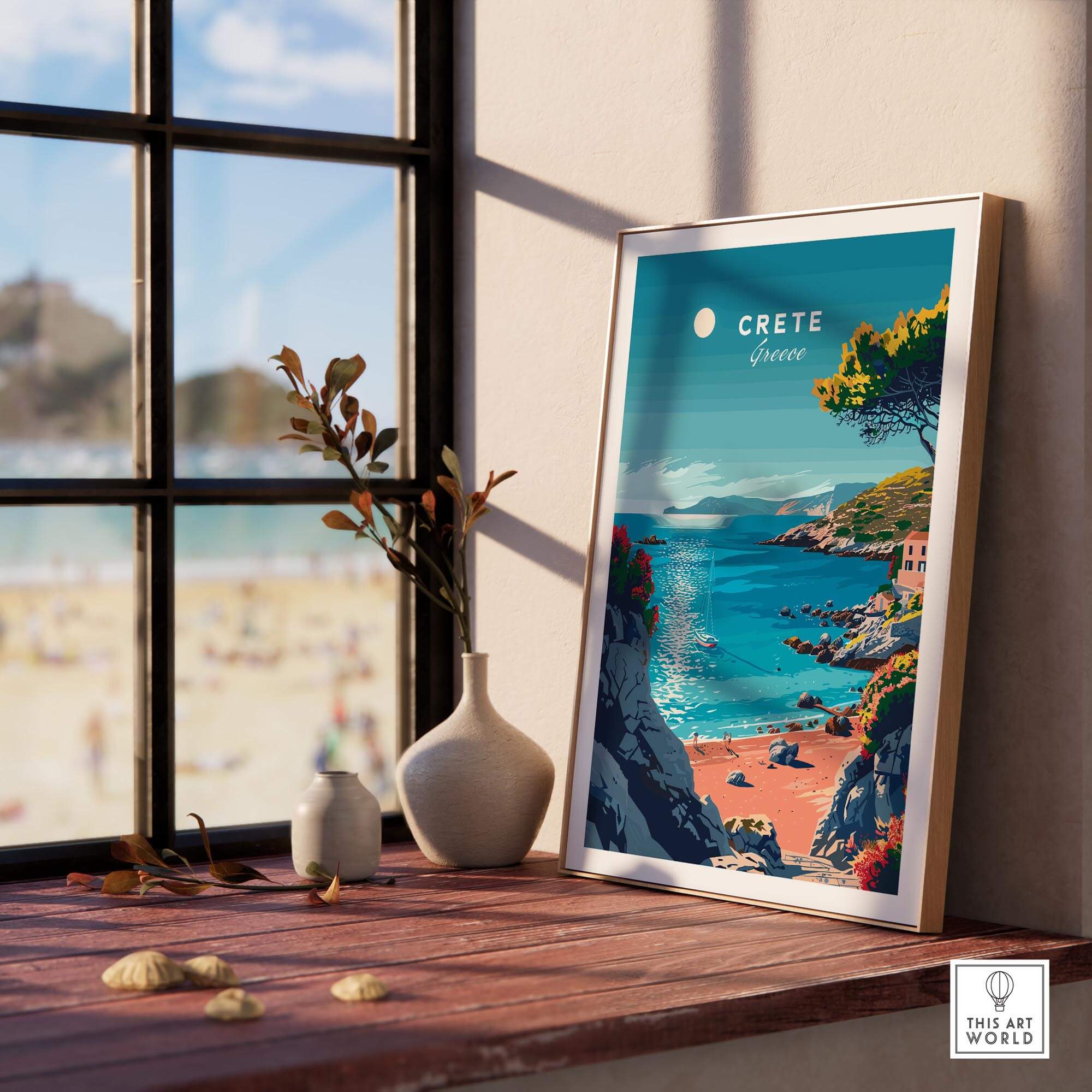 Crete Poster showcasing a picturesque view of Crete, Greece, framed by a stylish interior window.