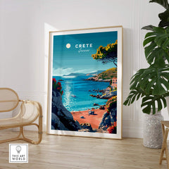 Crete Poster depicting a scenic view of Crete, Greece, framed on a wall with indoor plants, showcasing beauty and wanderlust.