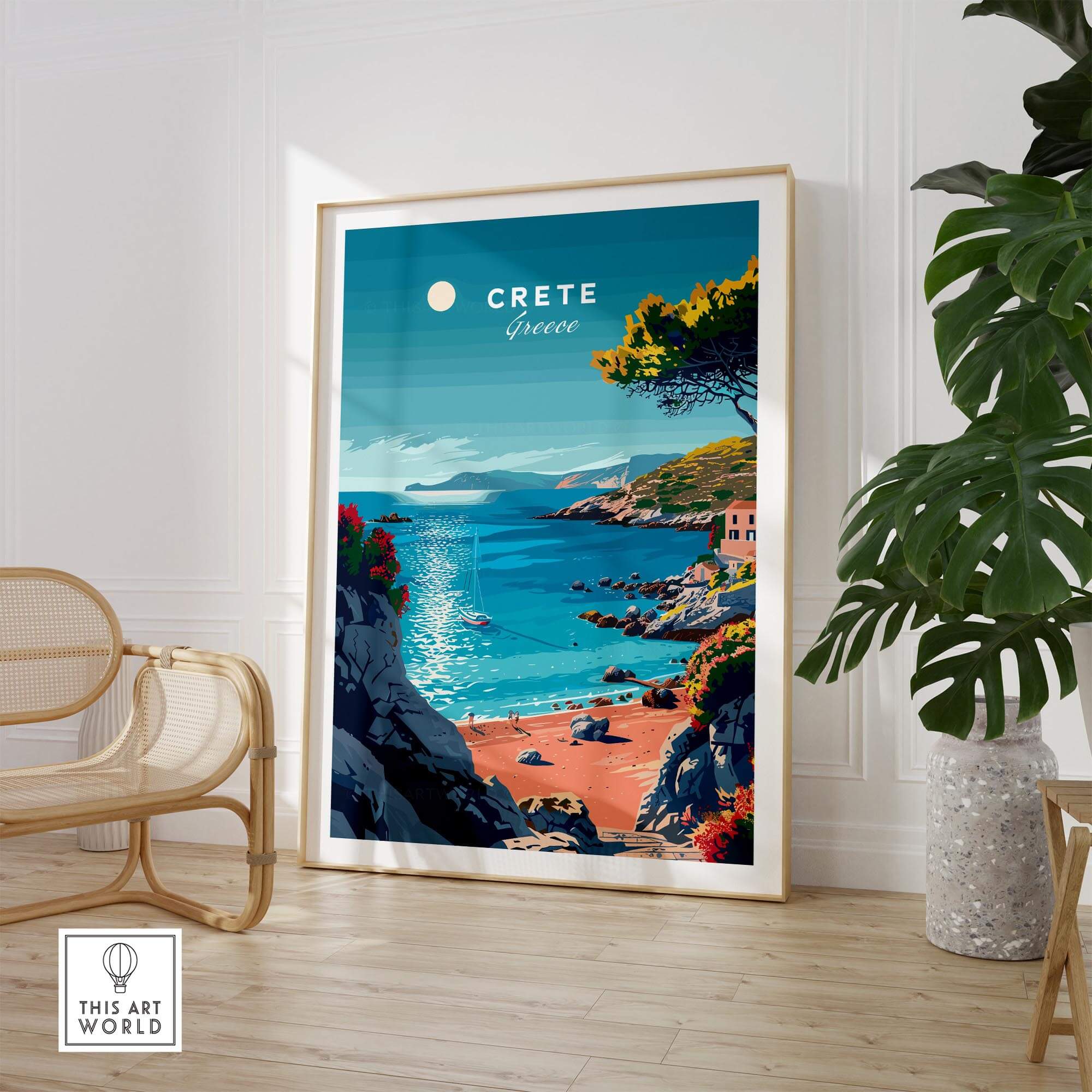 Crete Poster depicting a scenic view of Crete, Greece, framed on a wall with indoor plants, showcasing beauty and wanderlust.
