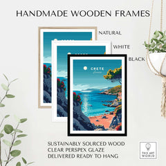 Crete Poster framed in handmade wooden frames in natural, white and black finishes, showcasing Mediterranean beauty for your wall.