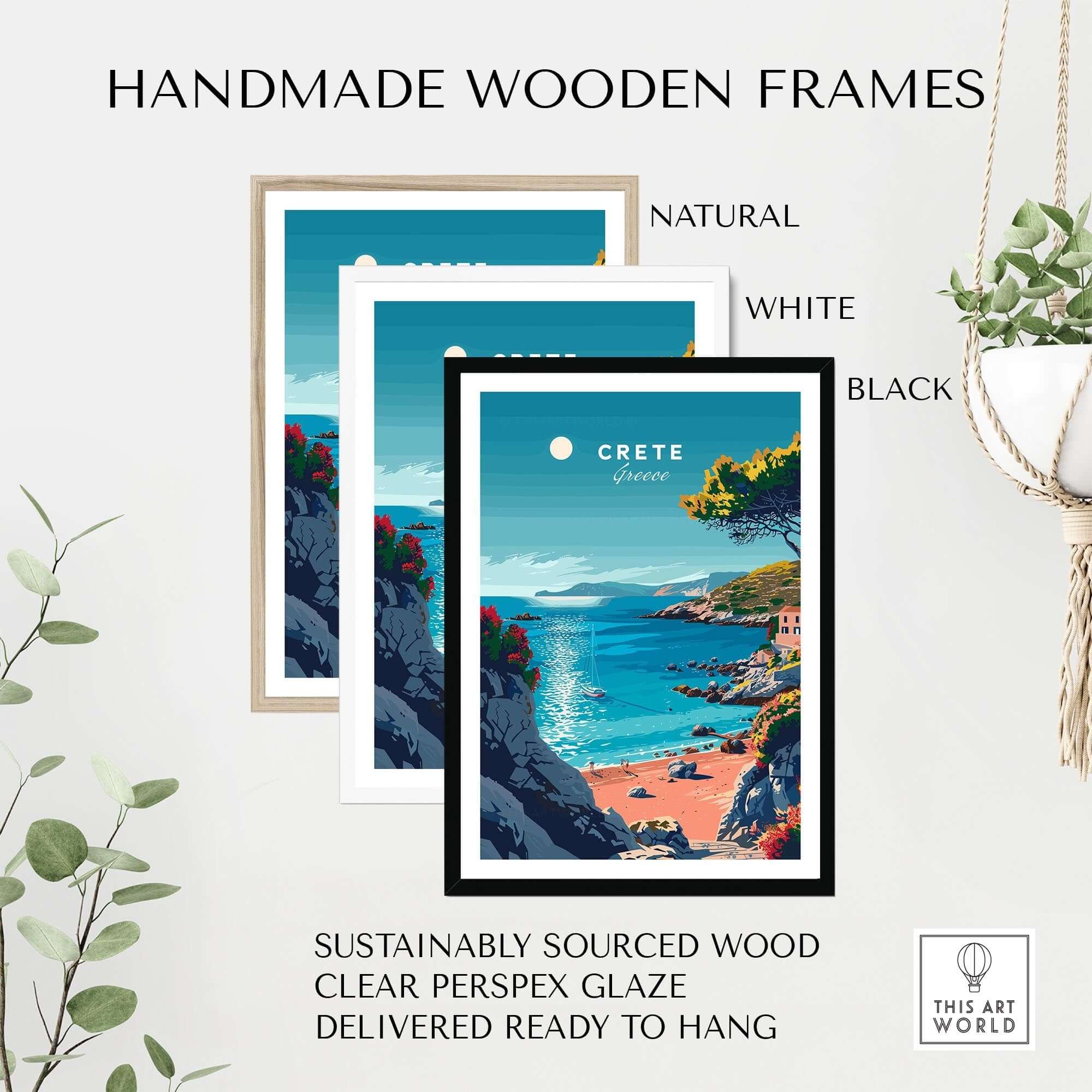 Crete Poster framed in handmade wooden frames in natural, white and black finishes, showcasing Mediterranean beauty for your wall.