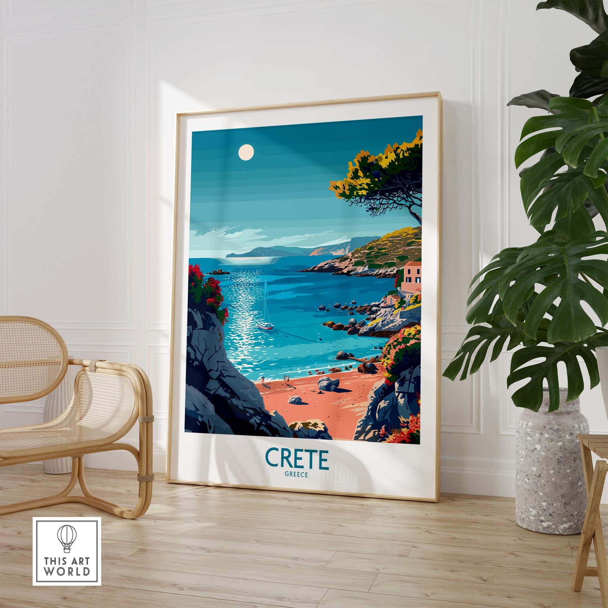 Crete Poster - Modern showcasing a stunning view of Crete with crystal blue waters and vibrant landscapes.