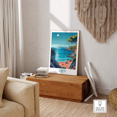 Crete Poster - Modern displayed in a stylish living room with a scenic view of the island.
