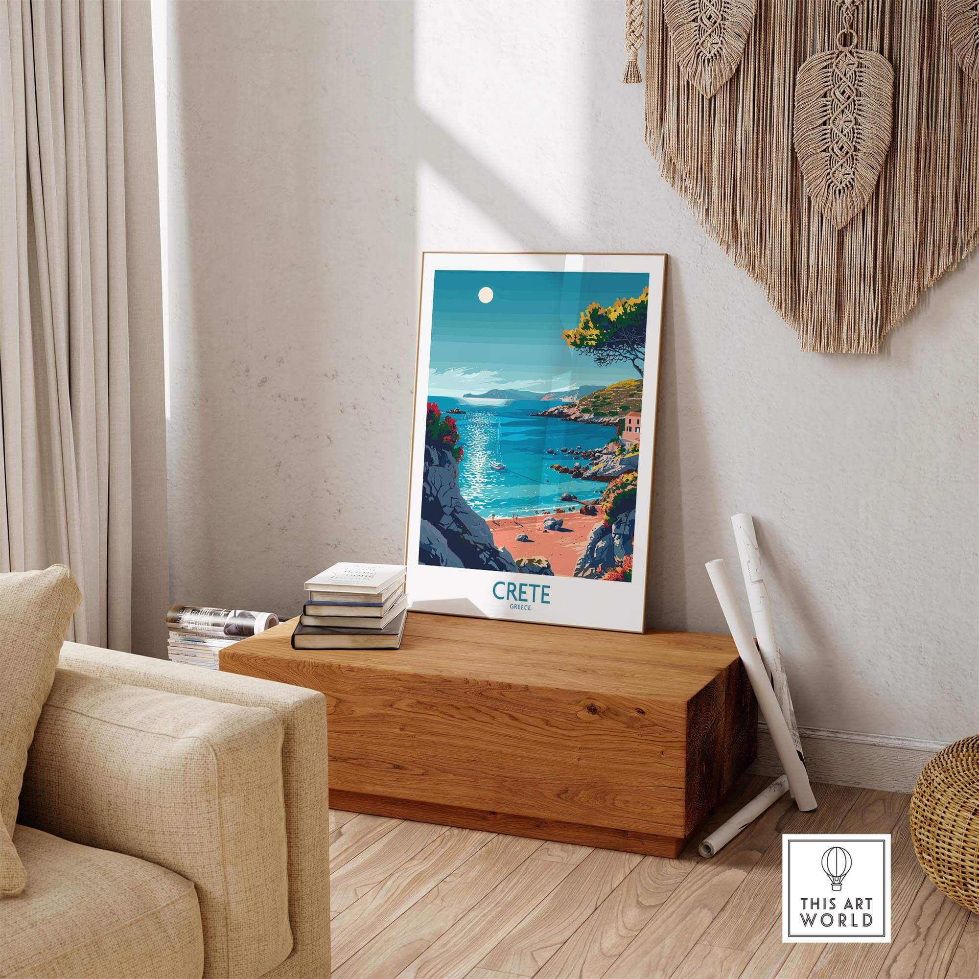 Crete Poster - Modern displayed in a stylish living room with a scenic view of the island.