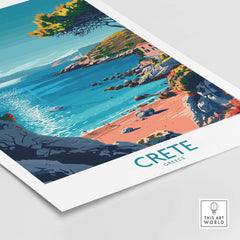 Crete Poster - Modern showcasing a vibrant beach scene in Crete, Greece with crystal blue waters and scenic cliffs.