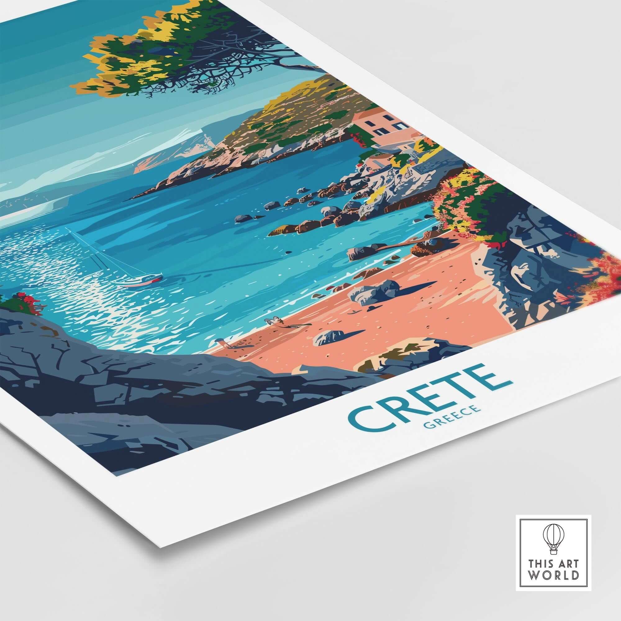 Crete Poster - Modern showcasing a vibrant beach scene in Crete, Greece with crystal blue waters and scenic cliffs.