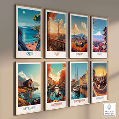 Crete Poster - Modern displayed among other travel posters showcasing famous cities.