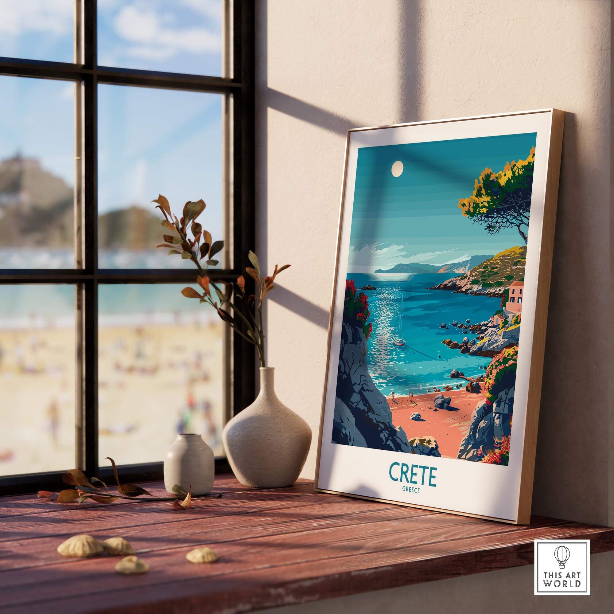 Crete Poster - Modern showcasing stunning coastal view of Crete, perfect for Greece travel enthusiasts.