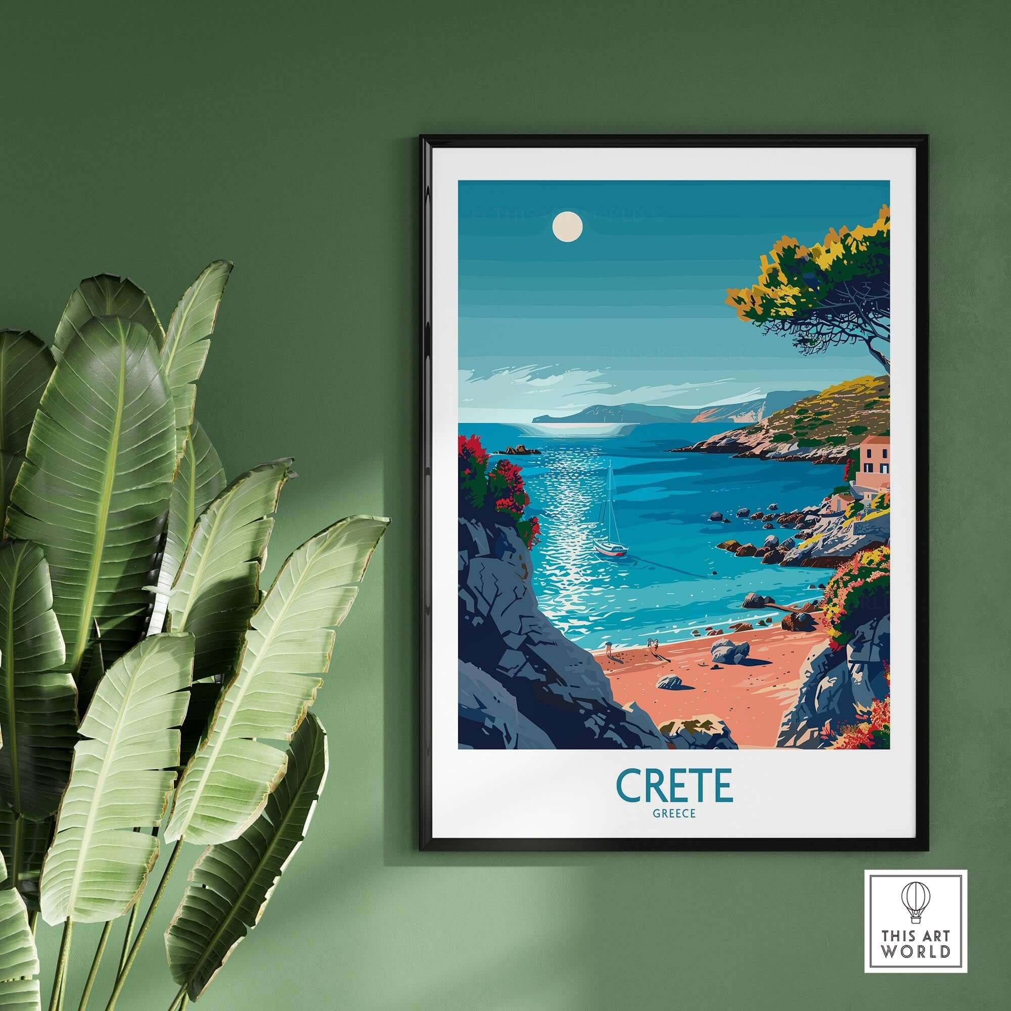 Crete Poster - Modern showcasing a beautiful coastal scene of Crete, Greece with vibrant colors and stunning landscape.