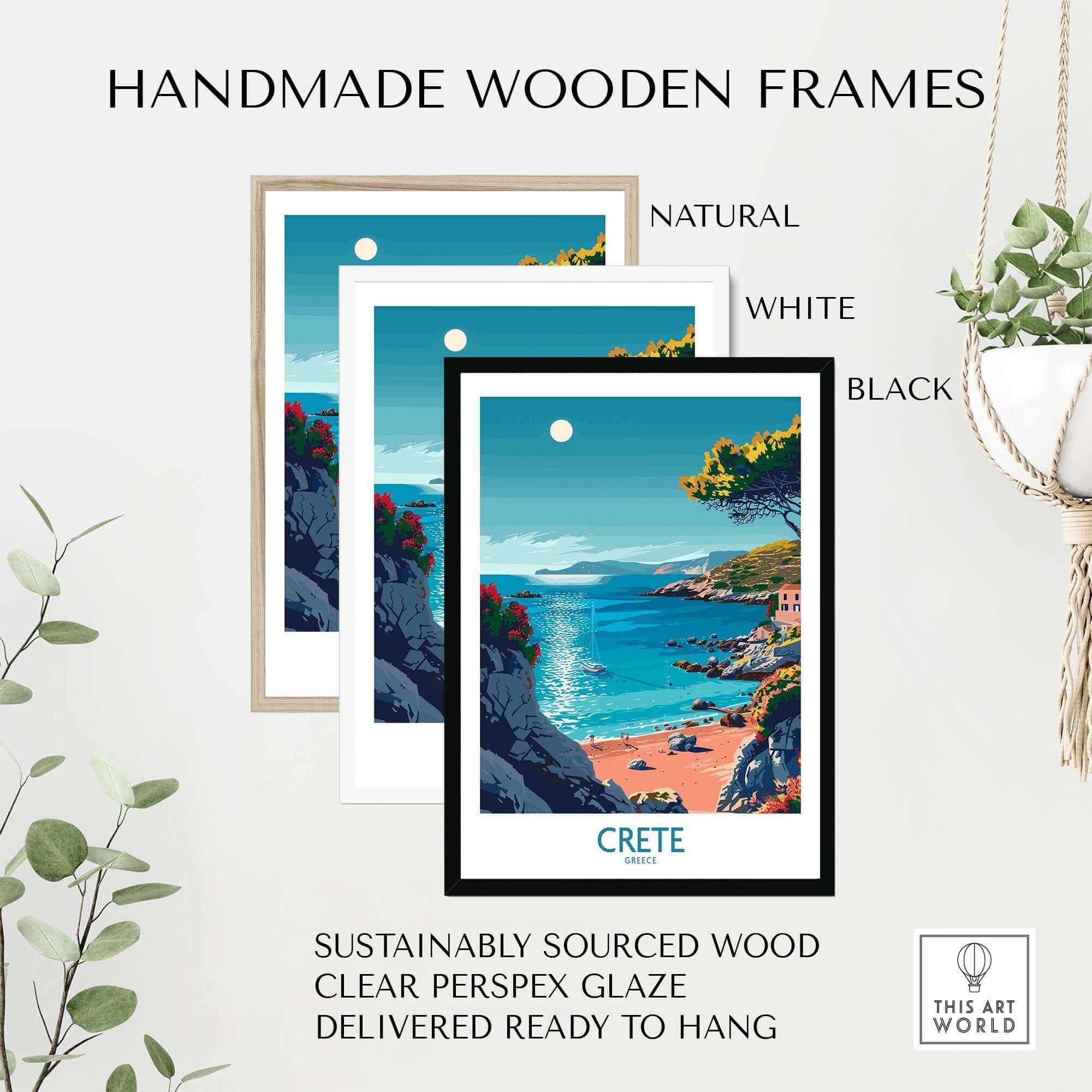 Crete Poster - Modern displayed in handmade wooden frames in natural, white, and black options.