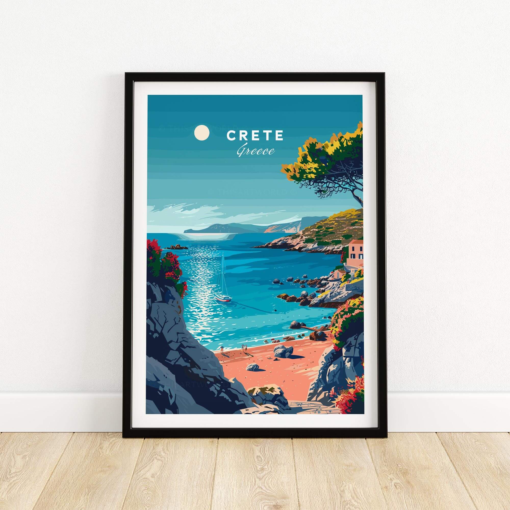 Crete Poster showcasing a beautiful coastal view of Crete, Greece, capturing the island's Mediterranean charm.