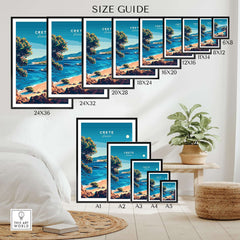Crete Travel Print size guide showcasing various framed options for wall art decor.