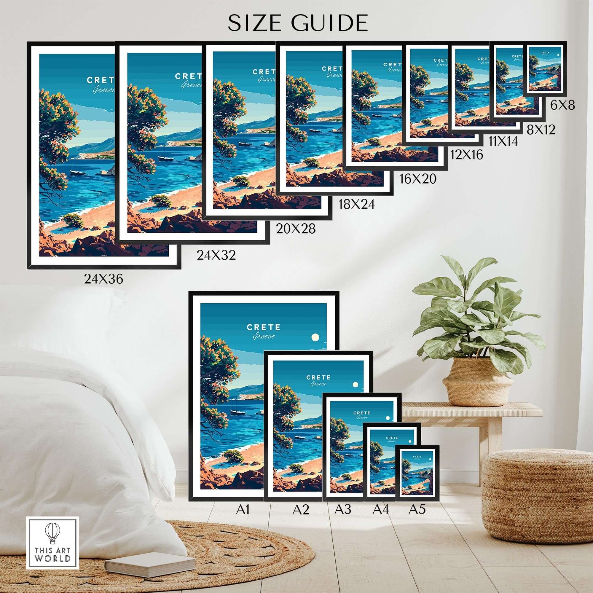 Crete Travel Print size guide showcasing various framed options for wall art decor.