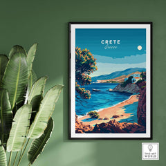 Crete Travel Print featuring vibrant Greek landscape with beach and greenery, perfect for home decor.
