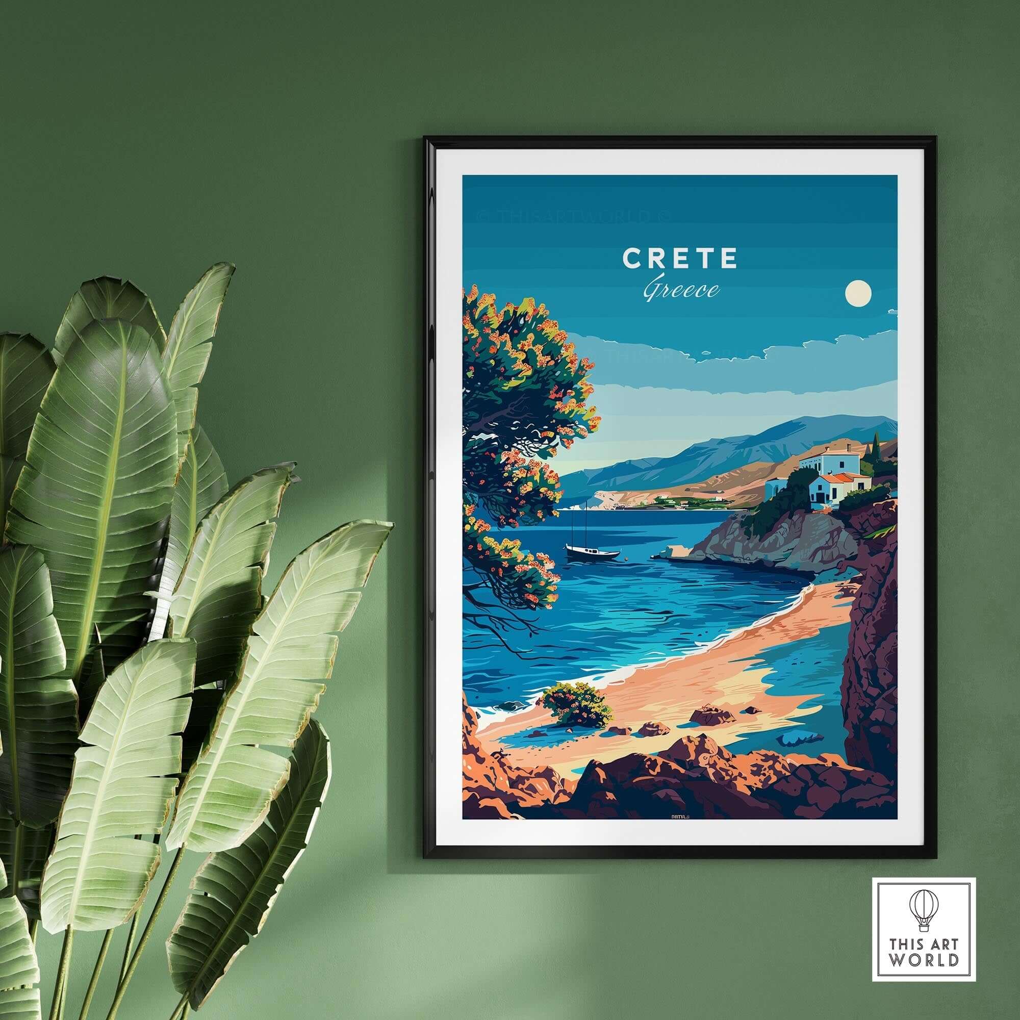 Crete Travel Print featuring vibrant Greek landscape with beach and greenery, perfect for home decor.