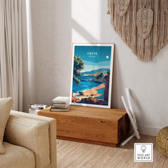 Crete Travel Print showcasing a vibrant coastal view in a stylish living room setting.