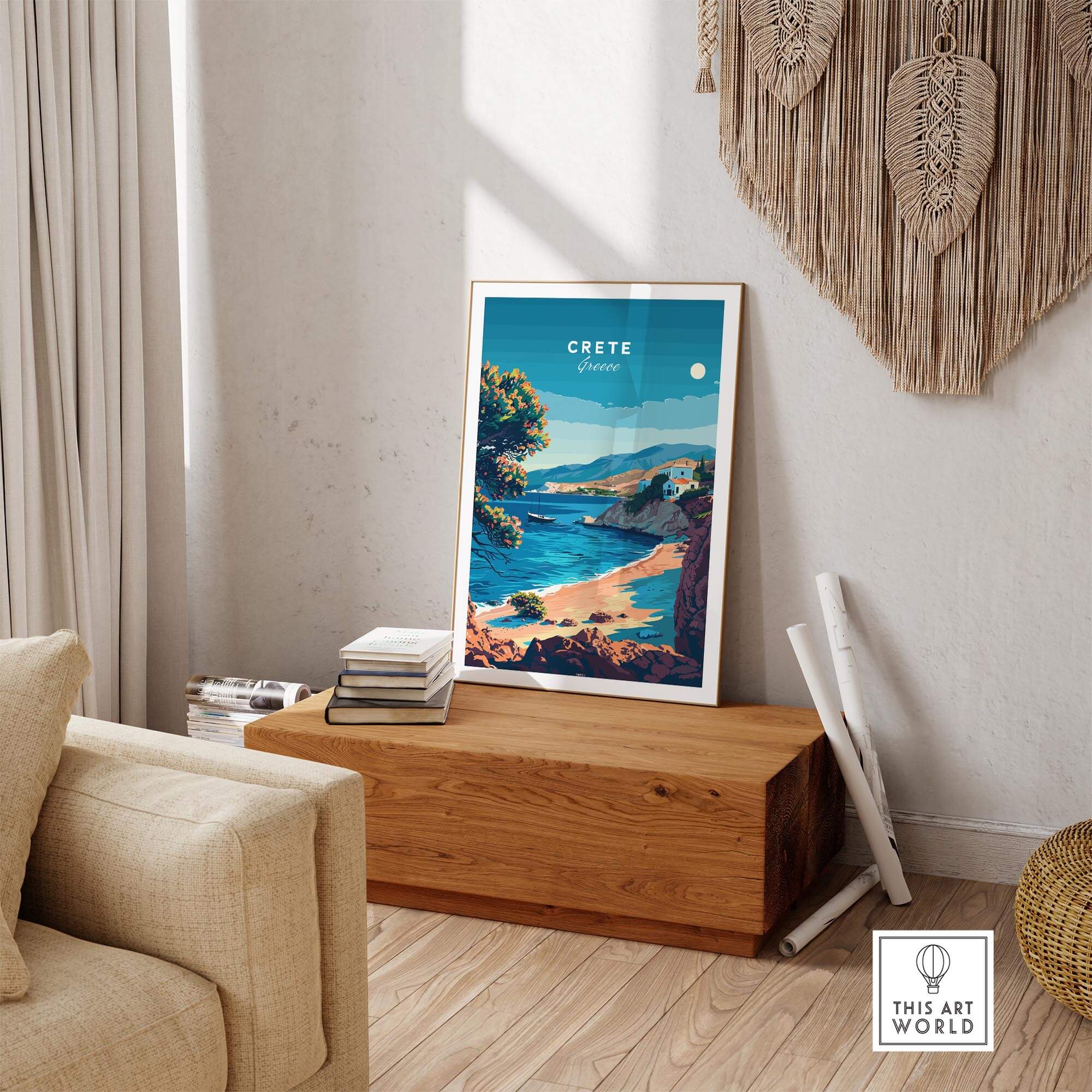 Crete Travel Print showcasing a vibrant coastal view in a stylish living room setting.