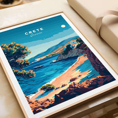 Crete Travel Print featuring a vibrant beach scene from Greece with scenic landscapes and crystal clear waters.