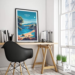 Crete Travel Print showcasing a beautiful beach scene, enhancing home decor with Mediterranean charm.