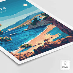 Crete Travel Print showcasing a vibrant coastal scene of Greece with a beach, sea, and mountains.