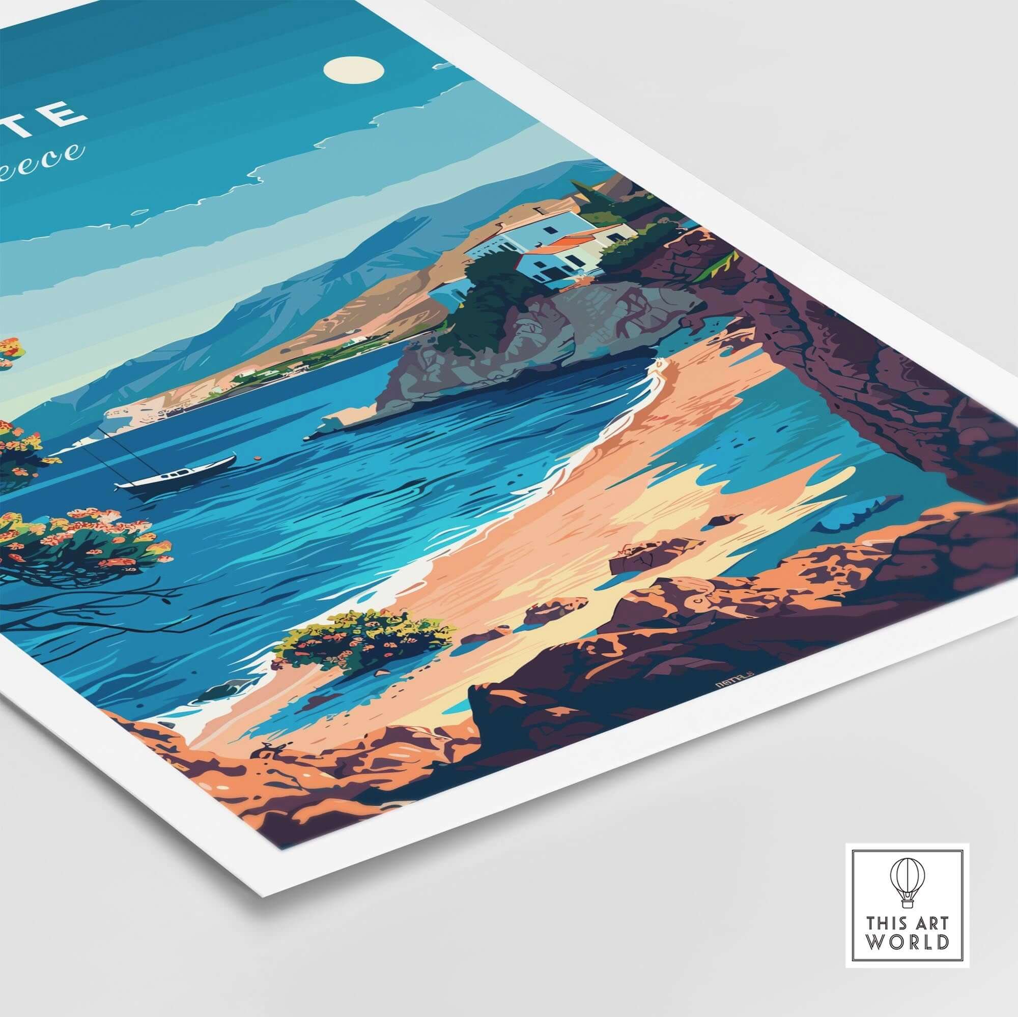 Crete Travel Print showcasing a vibrant coastal scene of Greece with a beach, sea, and mountains.