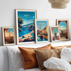 Crete Travel Print showcasing beautiful landscapes of Greece, including framed artwork of Mediterranean scenery.