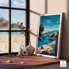Crete Travel Print featuring a vibrant beach landscape of Crete, Greece, framed by a window with natural light.
