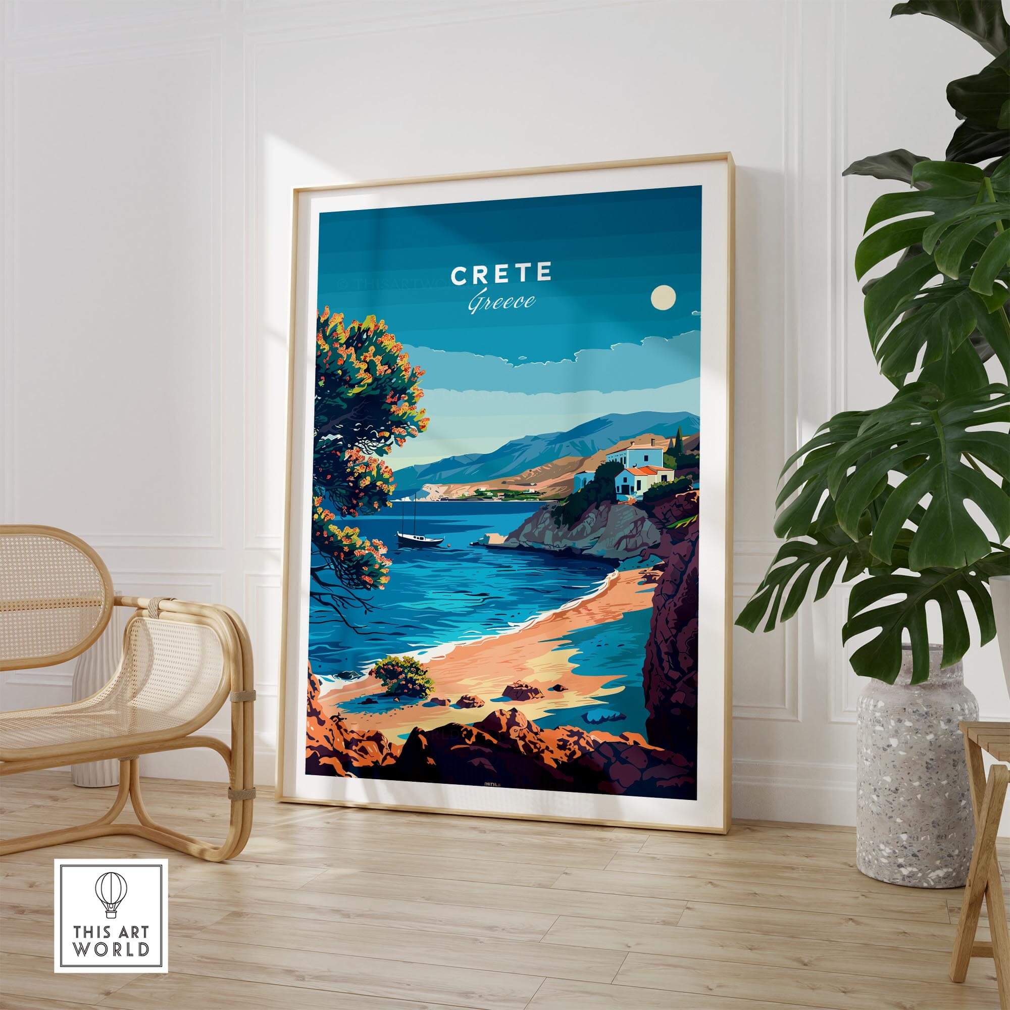 Crete Travel Print featuring a picturesque Greek landscape with vibrant colors and Mediterranean charm.