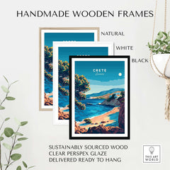 Crete Travel Print displayed in handmade wooden frames in natural, white, and black finishes.