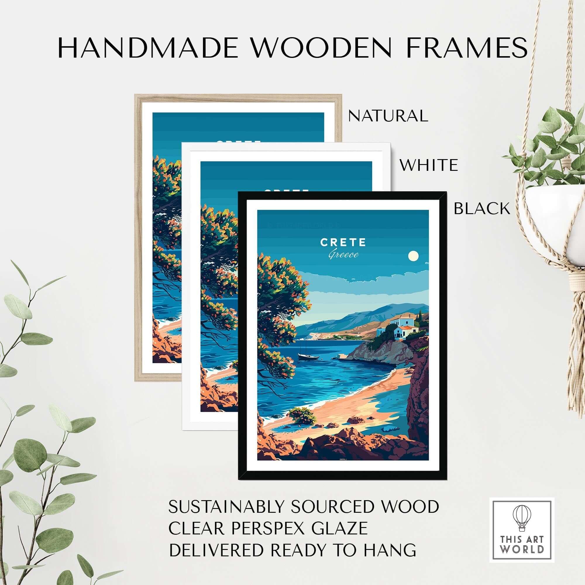 Crete Travel Print displayed in handmade wooden frames in natural, white, and black finishes.