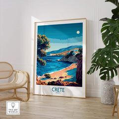 Crete Travel Print - Greece displayed in a modern living room, showing the beautiful landscape of Crete, Greece.