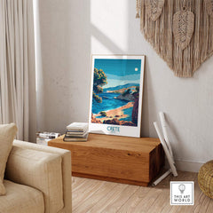 Crete Travel Print - Greece displayed in a cozy living room setting featuring coastal scenery.