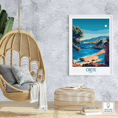Crete Travel Print - Greece showcasing a serene beach scene with vibrant colors and a coastal landscape.