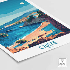 Crete Travel Print - Greece featuring vibrant beach scene with clear waters and scenic coastline.