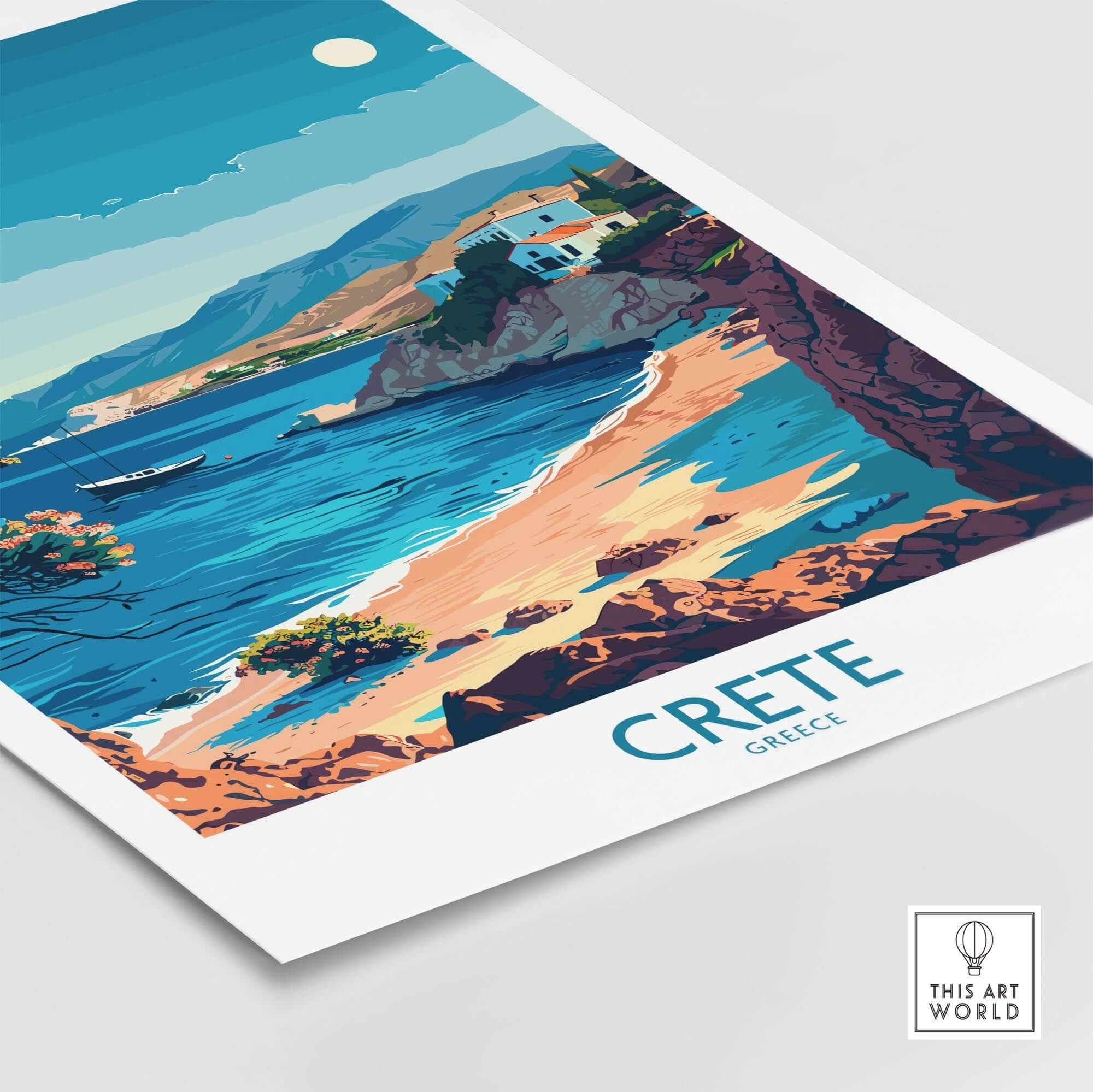 Crete Travel Print - Greece featuring vibrant beach scene with clear waters and scenic coastline.