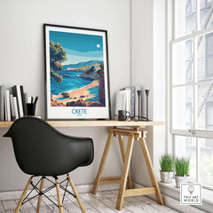 Crete Travel Print - Greece displayed in a bright room with a chair and books, showcasing stunning coastal views of Crete.