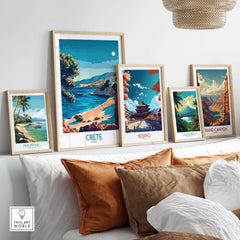 Crete Travel Print - Greece displayed among other travel prints on a stylish wall decor.