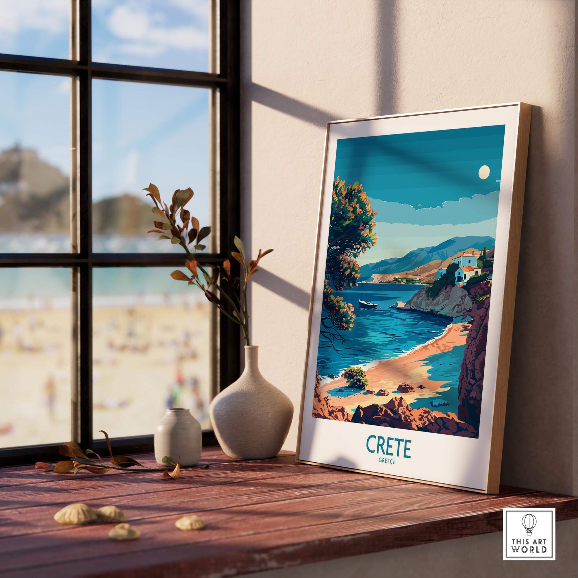 Crete Travel Print - Greece displayed on a windowsill with stunning coastal scenery and beach view.