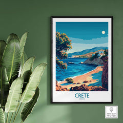 Crete Travel Print - Greece on a green wall, showcasing a beach scene with crystal waters and vibrant colors.
