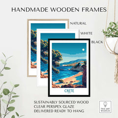 Crete Travel Print - Greece in handmade wooden frames, featuring natural, white, and black options for wall decor.