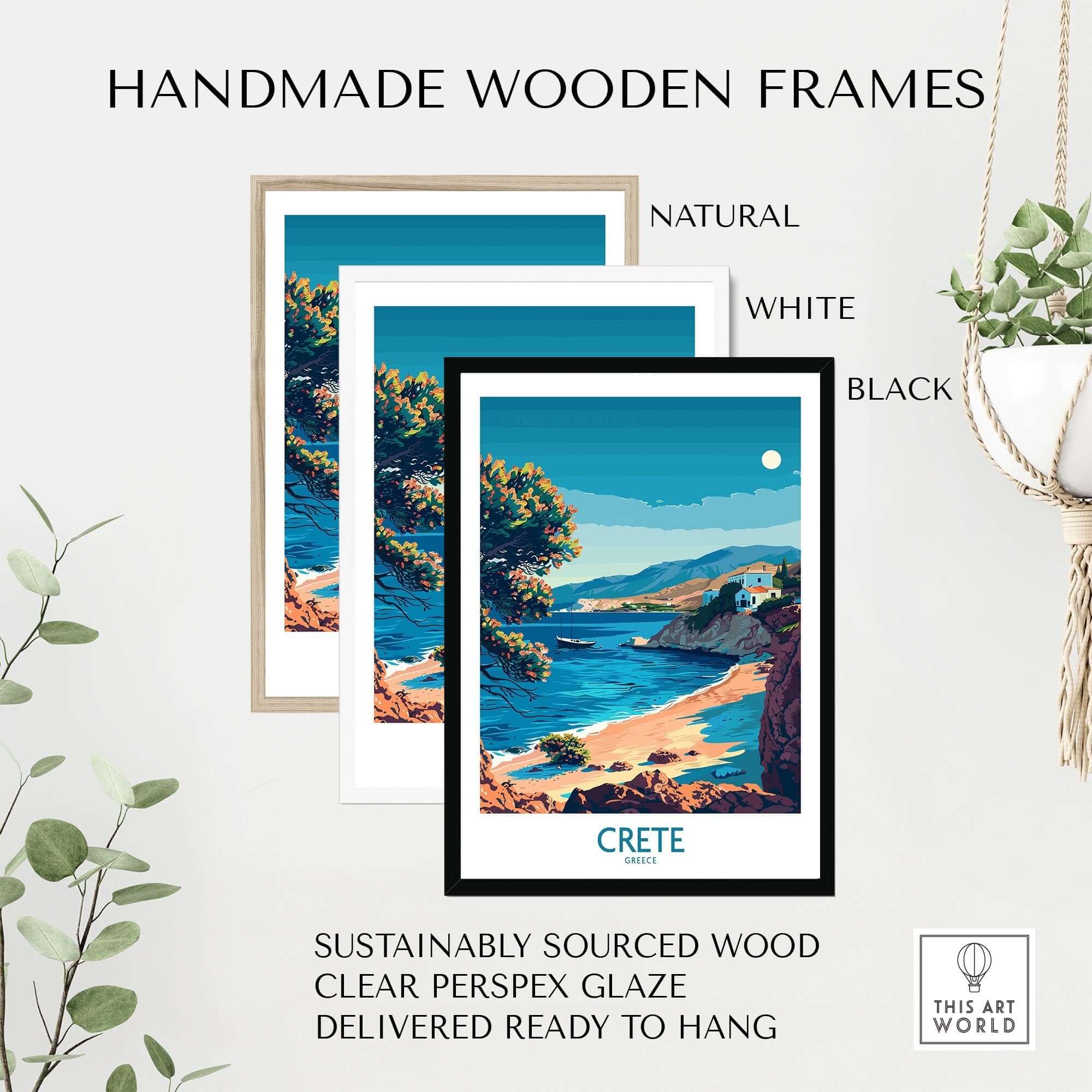 Crete Travel Print - Greece in handmade wooden frames, featuring natural, white, and black options for wall decor.