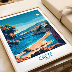 Crete Travel Print - Greece featuring a serene beach scene with vibrant colors and a coastal view.