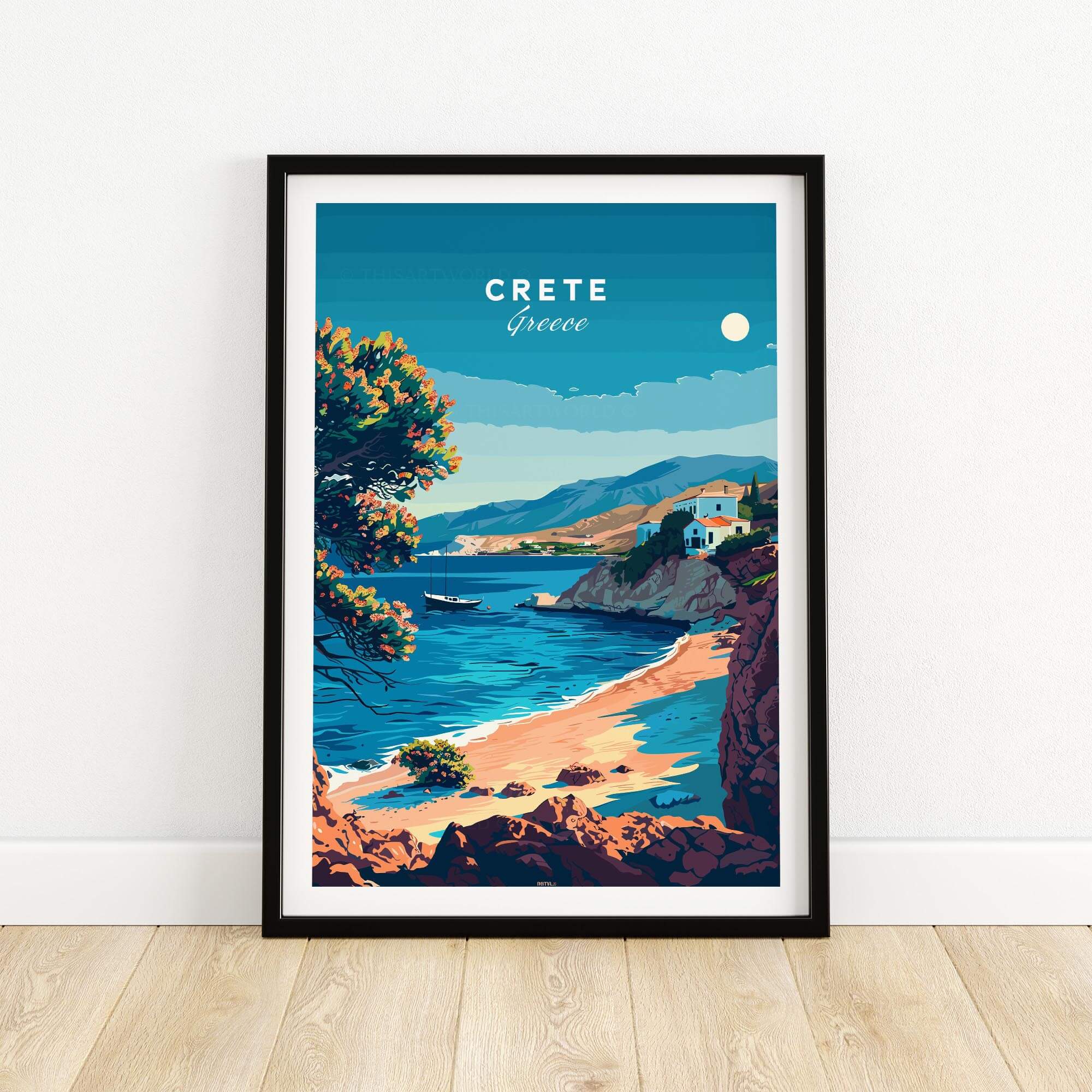 Crete Travel Print depicting a beautiful Greek coastline with crystal clear waters and vibrant colors.