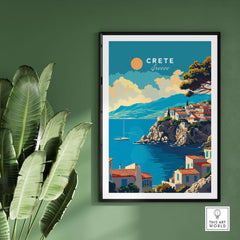 Crete Wall Art featuring a vibrant depiction of coastal scenery in Greece with colorful buildings and a sunny sky.