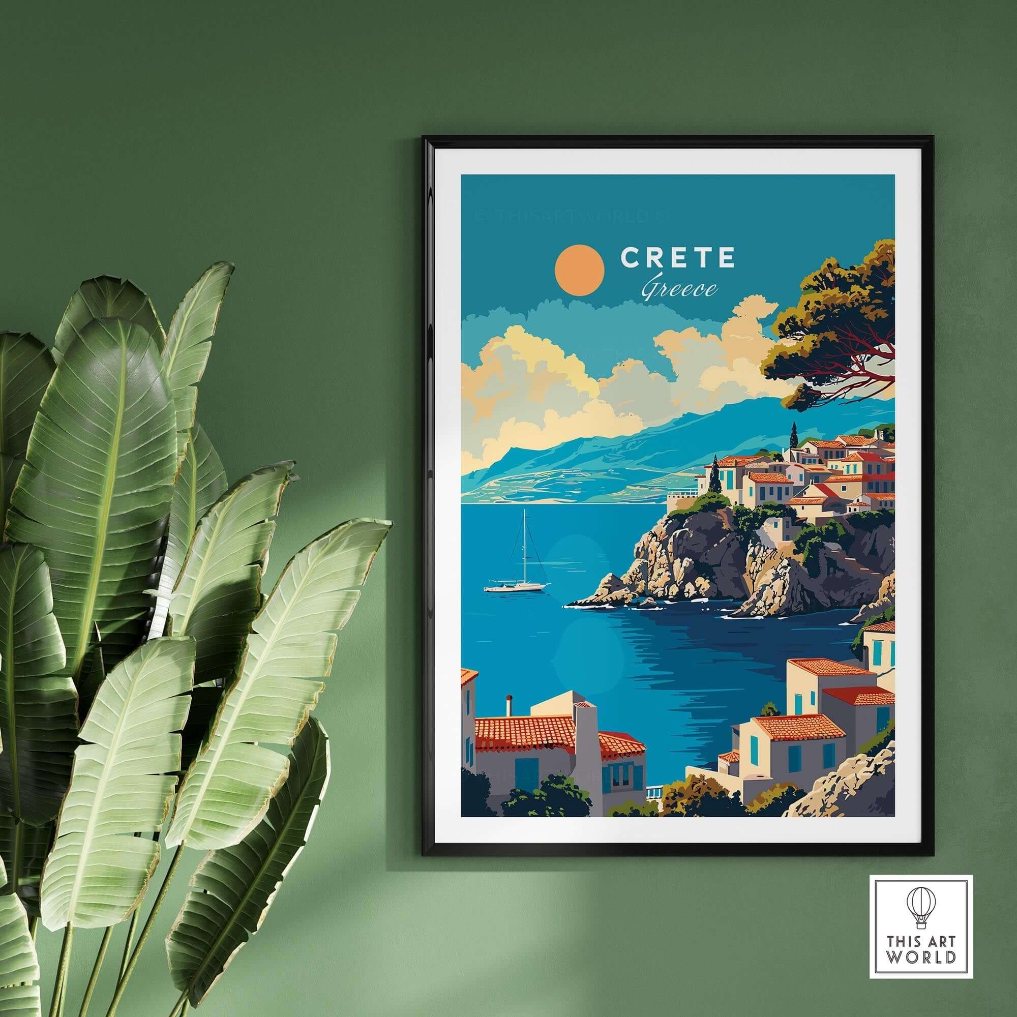 Crete Wall Art featuring a vibrant depiction of coastal scenery in Greece with colorful buildings and a sunny sky.