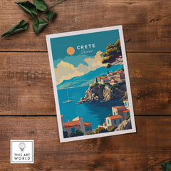 Crete Wall Art featuring a vibrant Greece travel poster depicting a scenic coastal view.
