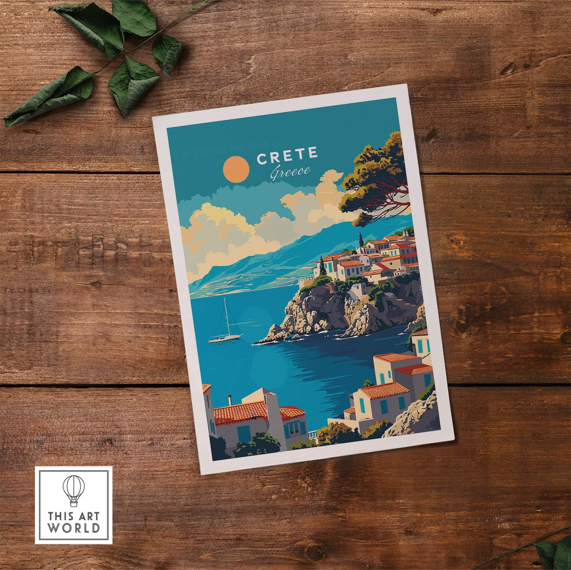 Crete Wall Art featuring a vibrant Greece travel poster depicting a scenic coastal view.