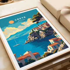 Crete Wall Art showcasing a picturesque view of Crete, Greece with colorful houses and a serene sea.